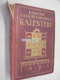 Kansanvalistusseuran Kalenteri 1928, sis. runsaasti mainoksia, artikkeleita, tilastotietoa, rautateitten ja postin kulku, virkamiehistö, puolueet,