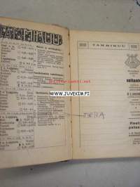 Kansanvalistusseuran Kalenteri 1928, sis. runsaasti mainoksia, artikkeleita, tilastotietoa, rautateitten ja postin kulku, virkamiehistö, puolueet,