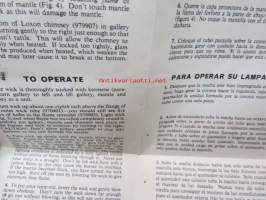 Aladdin Lamps - operating instructions / Instrucciones para operarla + Spare Parts -käyttöohjeet + varaosaluettelo englanniksi