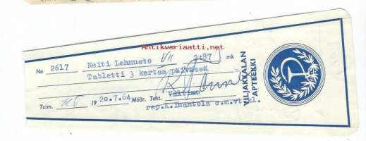 Viljakkalan Apteekki Viljakkala - resepti signatuuri  1964