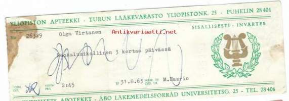 Yliopiston  Apteekki  Turun Lääkevarasto- resepti signatuuri  1963