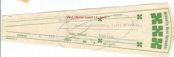 Mikkelin Uusi Apteekki - resepti signatuuri  1940