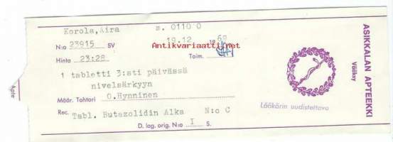 Asikkalan  Apteekki Vääksy - resepti signatuuri  1969