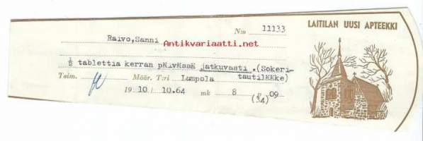 Laitilan Uusi  Apteekki  - resepti signatuuri  1964