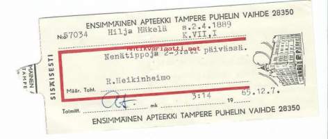 Ensimmäinen Apteekki Tampere - resepti signatuuri  1965
