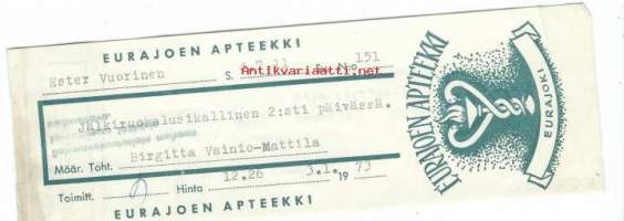 Eurajoen Apteekki  Eurajoki - resepti signatuuri  1973