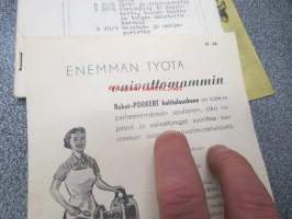 Porkert / Robot-Porkert E 20 Kotitalouskone - Motokov-tehtaan valmistama yleiskone -käyttöohjekirja (suomenkielinen), myntiesitteet saksaksi ja suomeklsi