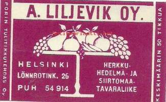 A Liljevik Oy Helsinki -  tulitikkuetiketti