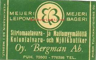 Bergman Oy -  tulitikkuetiketti