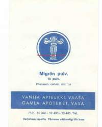 Migrän pulv Vanha Apteekki, Vaasa  lääkepussi käyttämätön 12x8  cm tuotepakkaus