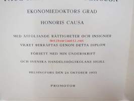 Svenska Handelshögskolan tilldelar... professorn Paul Henrik Schybergson Ekonomiedoktors grad Honoris causa... 24. oktober 1953 -todistus kunniatohtorin arvosta,