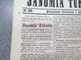 Sanomia Turusta 1870 nr 26, ilmestynyt 1.7.1870, sis. mm. seur. artikkelit / jutut / ilmoitukset; Kuollut Turussa kuski G.A. Henrikssonin waimo Greta Liisa Nyman