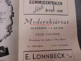 Svenska Teatern Helsingfors program spelåret 1943-44 &quot;Modershjärtat&quot; av Leck Fischer, regi Edwin Ingberg -käsiohjelma