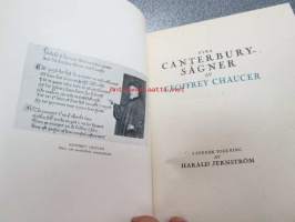 Fyra Canterbury-sägner av Geofrey Chaucer i svensk tolkning av Harald Jernström -numeroitu 250 kpl painos, josta tämä on numero 91 &quot;bibliofilupplaga&quot;