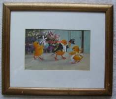 Elena Kojine,   Tiput   alkuperäismaalaus, postikortin originaali, sign E Kojine  kehystetty koko 35x28 cm, kuvakoko 20x12 cm , mukana seuraa maalauksesta tehty