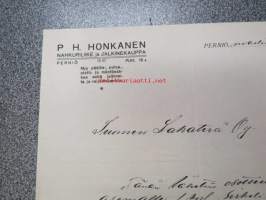 P.H. Honkanen - Nahkuriliike ja jalkinekauppa, Perniö, 20.3.1924 -asiakirja