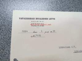 Vapaussodan Invaliidien Liitto, Helsinki, 1.9.1938 -asiakirja