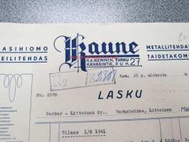 Lasihiomo - Peilitehdas - Metallitehdas - Taidetakomo Kaune - H.A. Nieminen, Turku, 25.8.1941 -asiakirja