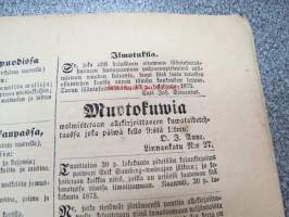 Sanomia Turusta 1873 nr 43, ilmestynyt 24.10.1873, sis. mm. seur. artikkelit / jutut / ilmoitukset; Kuollut laivanperämies Julius Theodor Ölander - nukkui