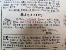 Sanomia Turusta 1873 nr 43, ilmestynyt 24.10.1873, sis. mm. seur. artikkelit / jutut / ilmoitukset; Kuollut laivanperämies Julius Theodor Ölander - nukkui