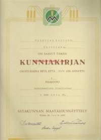 Satakunnan Maatalousnäyttely  - kunniakirja 36x25 cm  Pori 1955,