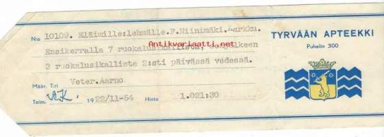 Tyrvään  Apteekki  Leo Rautiala -     resepti signatuuri  1954