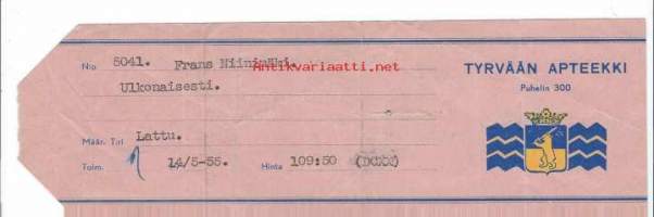 Tyrvään  Apteekki  Leo Rautiala -     resepti signatuuri  1956