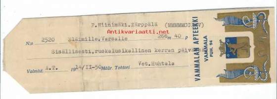 Vammalan  Apteekki  Vammala -     resepti signatuuri  1950