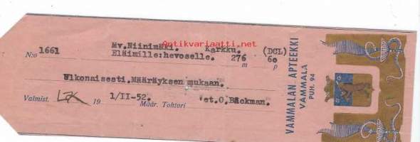 Vammalan  Apteekki  Vammala -     resepti signatuuri  1952