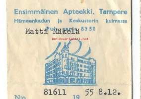 Ensimmäinen  Apteekki  Tampere -    reseptipussi resepti signatuuri  1955