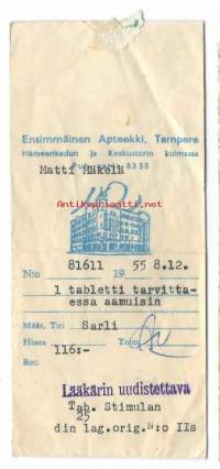 Ensimmäinen  Apteekki  Tampere -    reseptipussi resepti signatuuri  1955