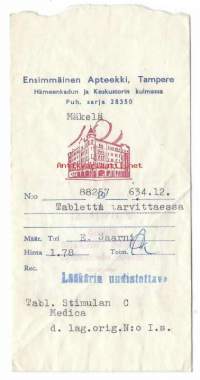 Ensimmäinen  Apteekki  Tampere -    reseptipussi resepti signatuuri  1957