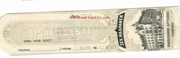 Ensimmäinen  Apteekki  Tampere / Sev Haapanen -     resepti signatuuri  1942
