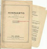 Hinnasto N:o 1 Jälleenmyyjille 1920