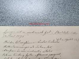 &quot;Sjungen vid en medicinsk fest i Stockholm den 18. Mars 1876&quot; -ruotsinkielinen käsinkirjoitettu laulu / viisu, mukana ollut myös suomalaisia lääkäreitä