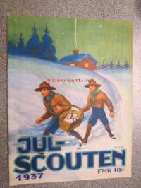 Jul-Scouten 1937 -partiolaisten joululehti ruotsiksi, takakannessa Förlag Bildkonstin &quot;Morsealfabet&quot;-peli (peliohjeet sisäsivuilla), I. Hustich - Indianer, Eric