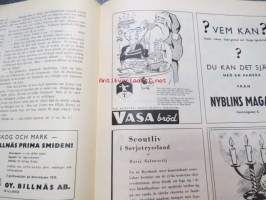 Jul-Scouten 1937 -partiolaisten joululehti ruotsiksi, takakannessa Förlag Bildkonstin &quot;Morsealfabet&quot;-peli (peliohjeet sisäsivuilla), I. Hustich - Indianer, Eric