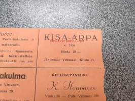 Vehmaan Kiisto Kisa-arpa nr 1328 -arpalippu