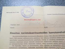 Ilmoitus ravintokasvituotteiden luovutusvelvollisuudesta, Olavi Puuska, Hämäläisen kylä, Kuusjoki, 3.12.1942 -asiakirja