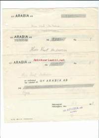 Oy Arabia Ab kuitteja 1948  - firmalomake 3 kpl