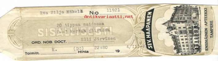 Ensimmäinen Apteekki Tampere Sev. Haapanen, resepti  signatuuri  1941