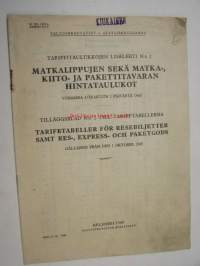 VR Valtionrautatiet matkalippujen sekä matka-, kiito- ja pakettitavaran hintataulukot 1940