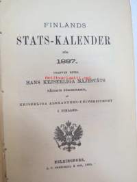 Finlands Stats-Kalender för år 1887 -valtiokalenteri, jossa mm. almanakka, &quot;Turkarnes Kalender&quot;, Dagliga medelvärmen i Helsingfors, Planeternas synbarhet, Ryska