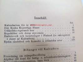 Finlands Stats-Kalender för år 1887 -valtiokalenteri, jossa mm. almanakka, &quot;Turkarnes Kalender&quot;, Dagliga medelvärmen i Helsingfors, Planeternas synbarhet, Ryska