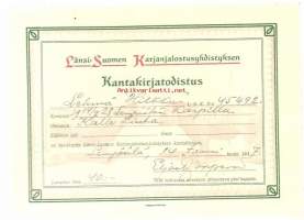 Kantakirjatodistus - Länsi-Suomen Karjanjalostusyhdistys, lehmä Hilkku synt 1928, Lempäälä Karppi Liuha 1937