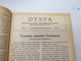 Otava - Kuvallinen kuukauslehti 1916 -sidottu vuosikerta, sisältää runsaasti mielenkiintoisia artikkeleita eri aihepiireistä, painokuvia, kannet sidottu tässä