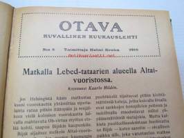 Otava - Kuvallinen kuukauslehti 1916 -sidottu vuosikerta, sisältää runsaasti mielenkiintoisia artikkeleita eri aihepiireistä, painokuvia, kannet sidottu tässä