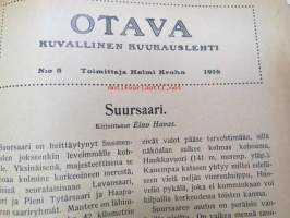 Otava - Kuvallinen kuukauslehti 1916 -sidottu vuosikerta, sisältää runsaasti mielenkiintoisia artikkeleita eri aihepiireistä, painokuvia, kannet sidottu tässä