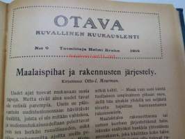 Otava - Kuvallinen kuukauslehti 1916 -sidottu vuosikerta, sisältää runsaasti mielenkiintoisia artikkeleita eri aihepiireistä, painokuvia, kannet sidottu tässä