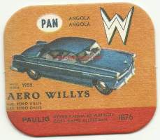 Aero Willys m 1955  - autokortti, keräilykuva, kahvipakettikuva  - uusintapainos / Vuonna 2014 Pauligin Juhla Mokka täytti 85 v ja julkaisi suosituista